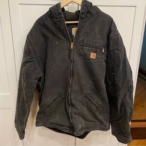 Carhartt Vintage Model J141 Black Hooded Sherpa Lined Jacket Distressed 2XL TALL
